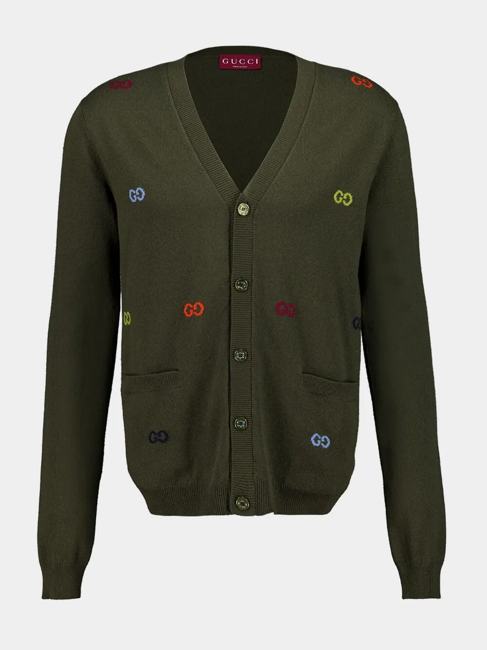 Forest Green Cashmere Cardigan with GG Intarsia sold by Fashion Clinic