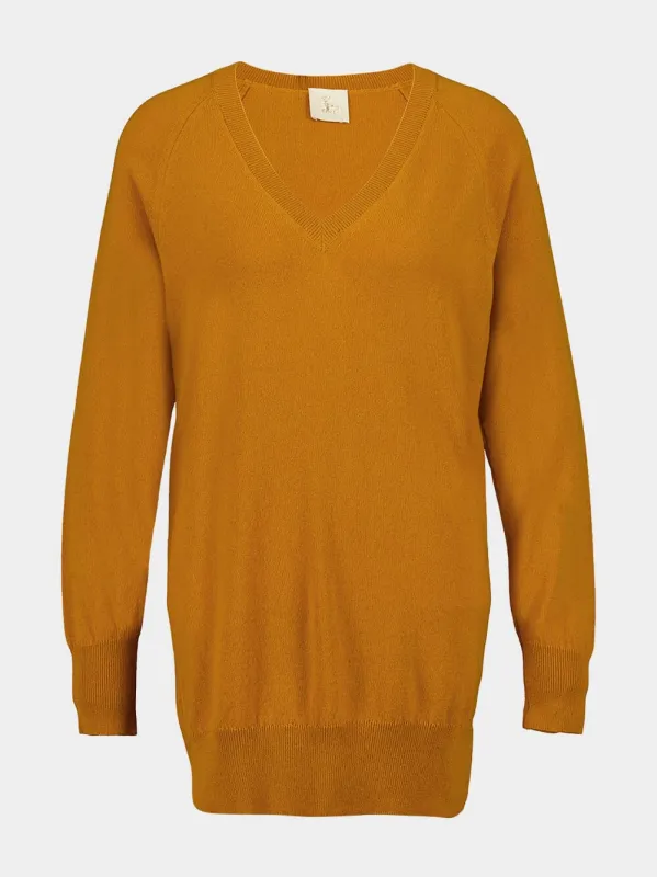 Long V-Neck Mustard Cashmere Sweater sold by Fashion Clinic