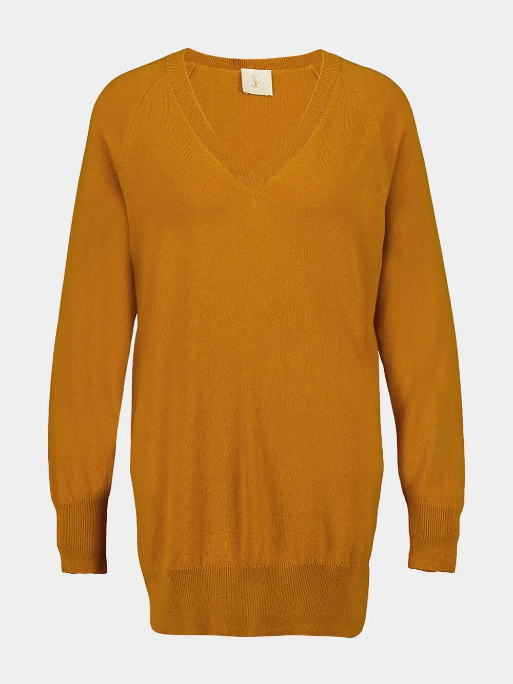 Long V-Neck Mustard Cashmere Sweater sold by Fashion Clinic