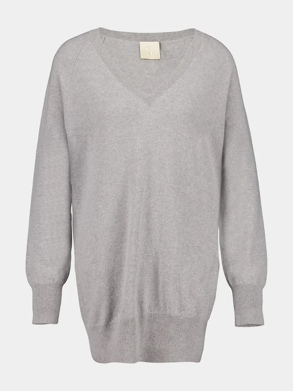 Long V-Neck Light Grey Cashmere Sweater sold by Fashion Clinic