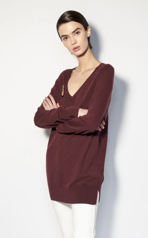 Long V-Neck Burgundy Cashmere Sweater sold by Fashion Clinic