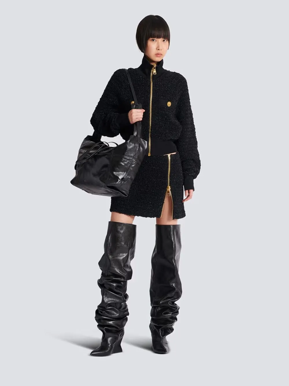 Black Tweed Bomber Jacket sold by Fashion Clinic