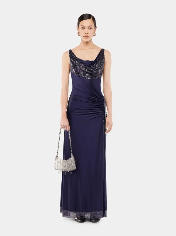 Viscose-Mesh Midnight Blue Long Dress made by Rabanne