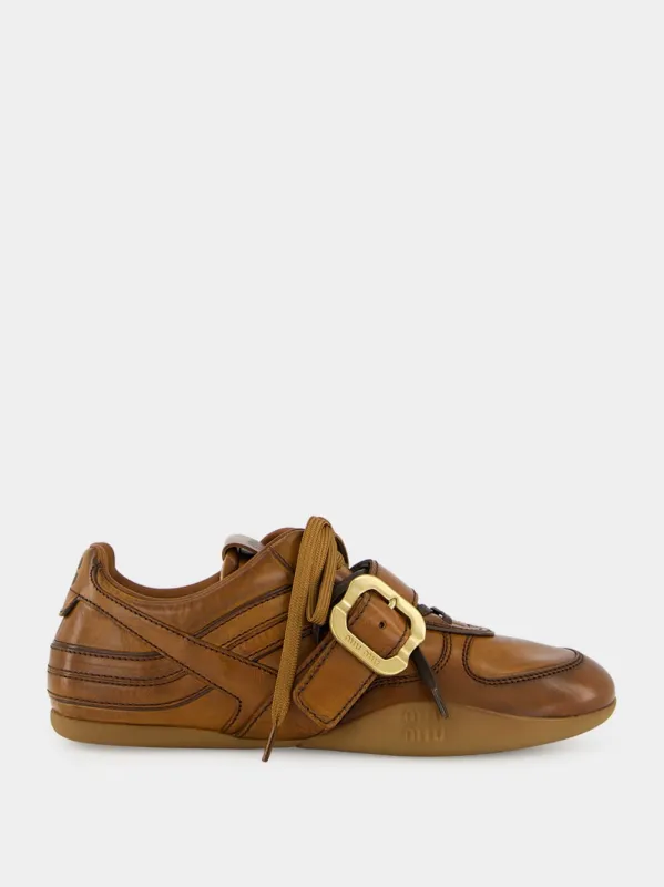 Cognac Leather Sneakers with Buckle sold by Fashion Clinic
