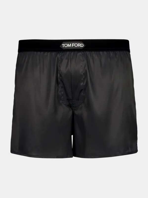 Black Silk Satin Logo Boxers sold by Fashion Clinic
