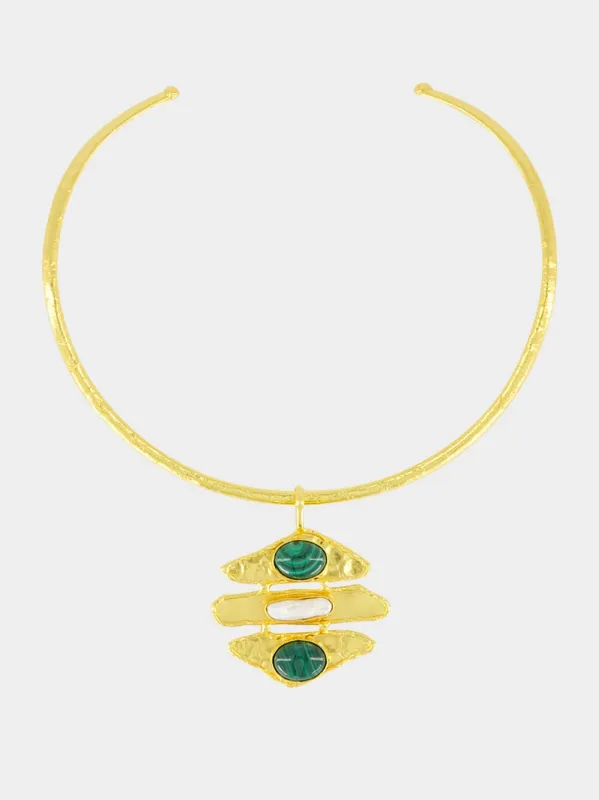 Brutalist Gold Necklace with Malachite sold by Fashion Clinic