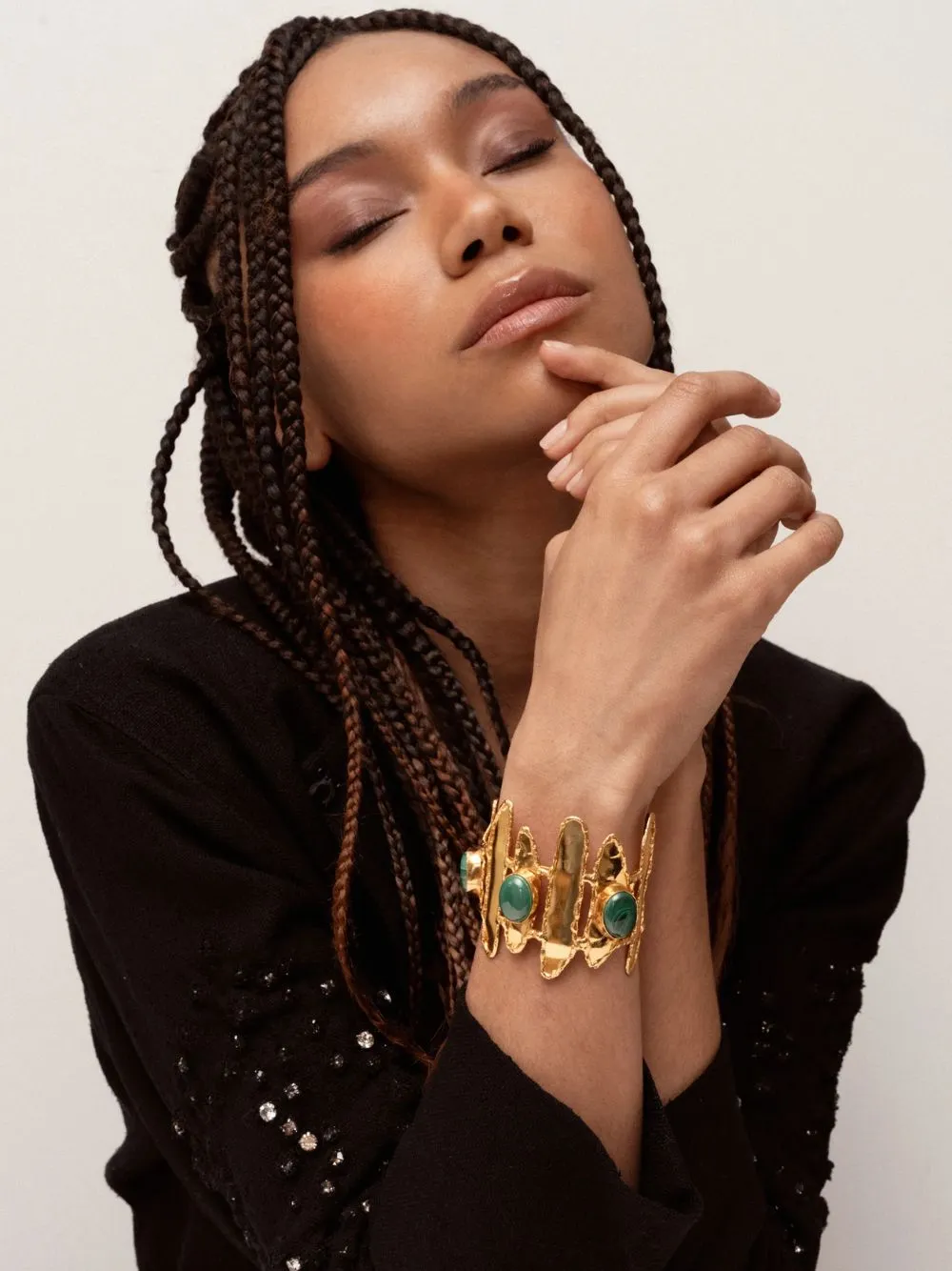 Gold Brutalist Cuff with Malachite Stones sold by Fashion Clinic