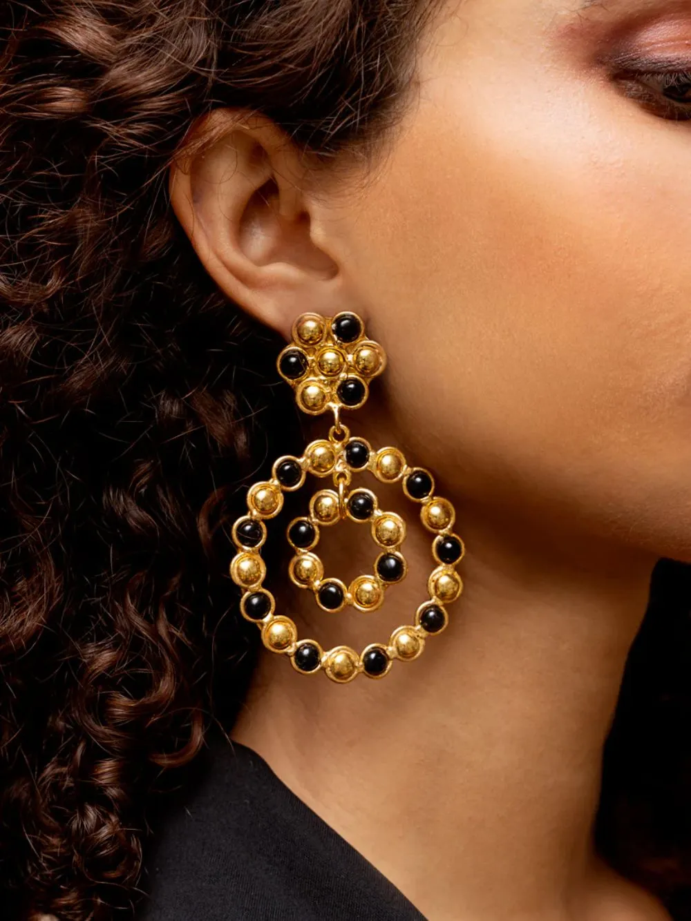 Happy Flower Gold Earrings with Black Onyx sold by Fashion Clinic product image thumbnail 2