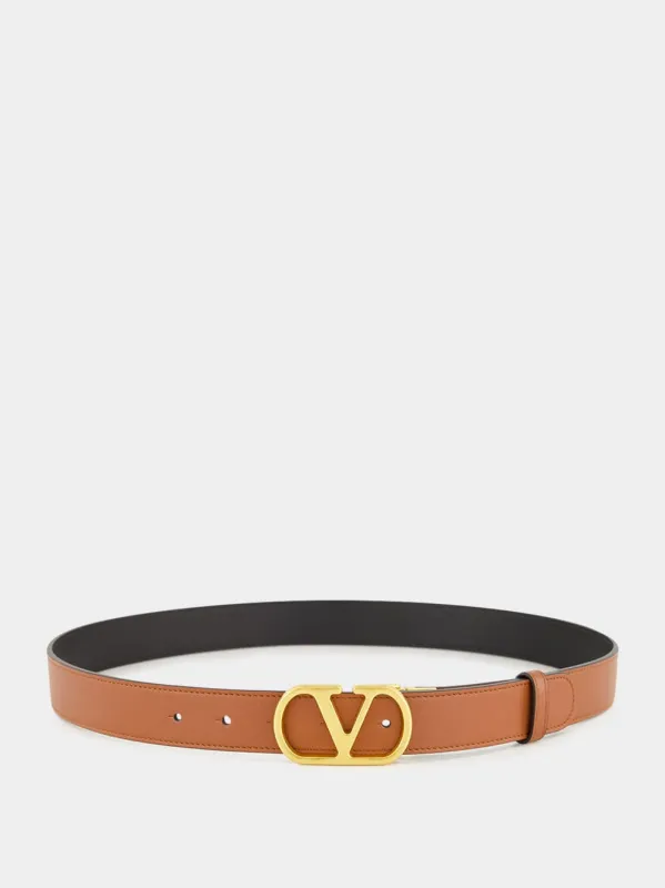 Deep Caramel and Black Reversible VLogo Calfskin Belt sold by Fashion Clinic