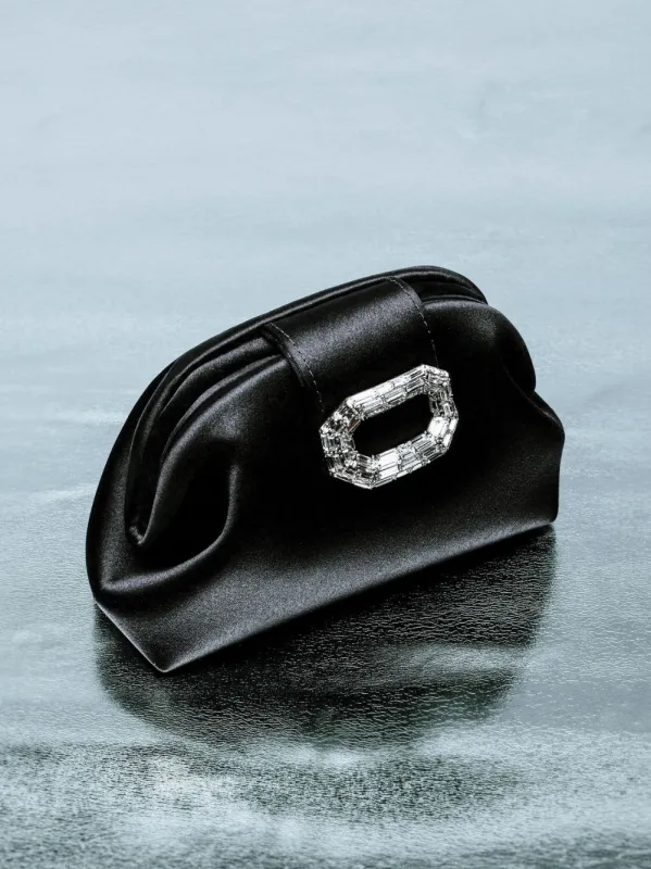 Black Camelia Satin Clutch sold by Fashion Clinic