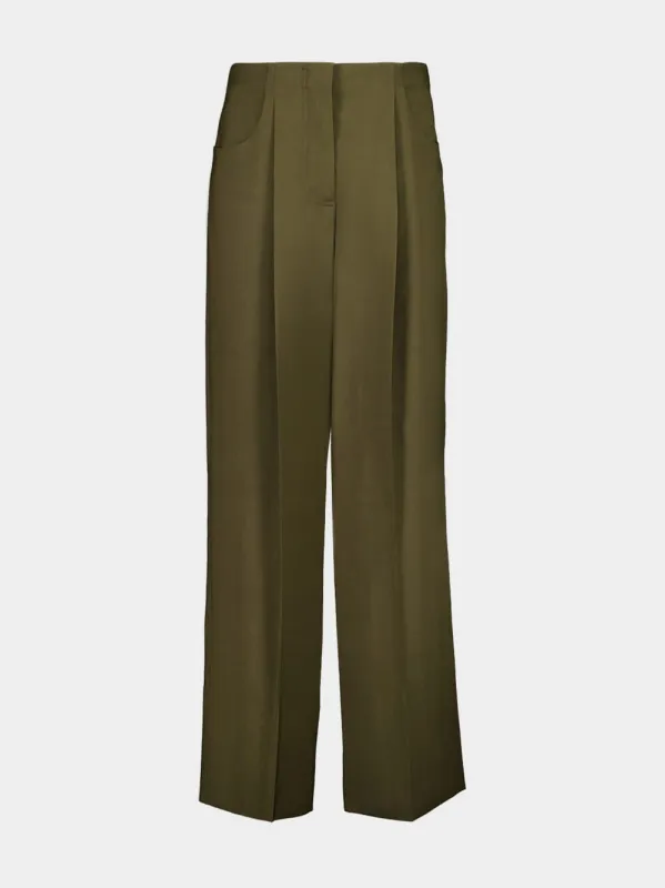 Olive Green Wool and Mohair Wide-Leg Trousers sold by Fashion Clinic
