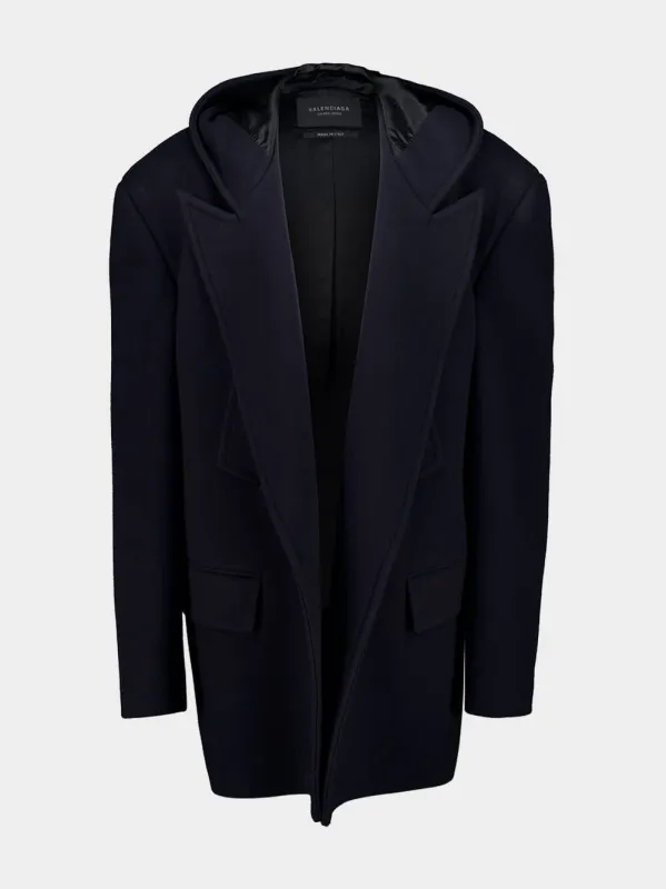 Dark Navy Hooded Short Wool Coat sold by Fashion Clinic