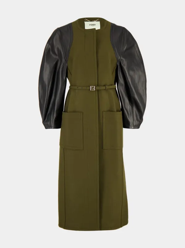 Olive Wool Coat with Leather Sleeves sold by Fashion Clinic