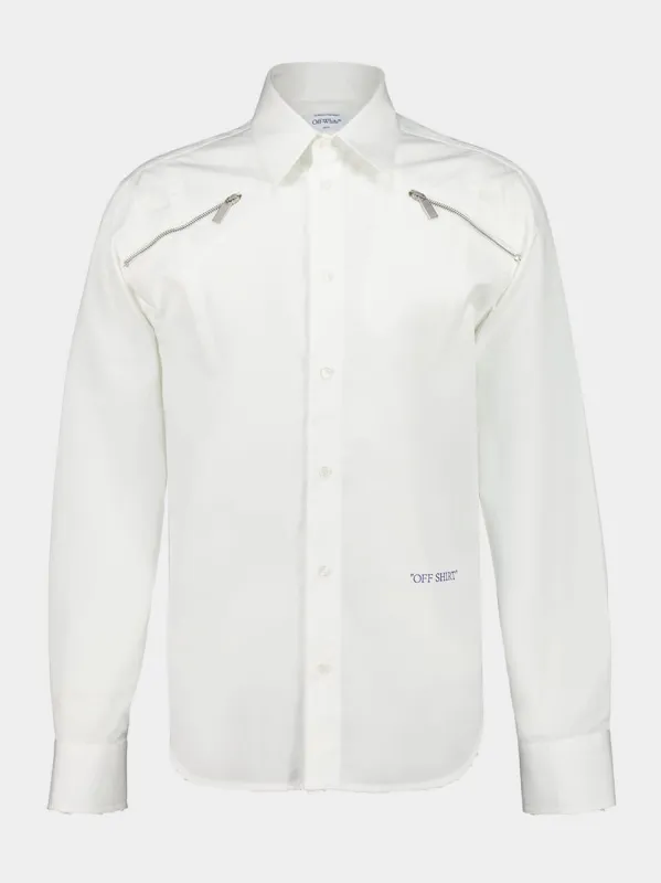 White Quote Poplin Shirt with Side Zips sold by Fashion Clinic