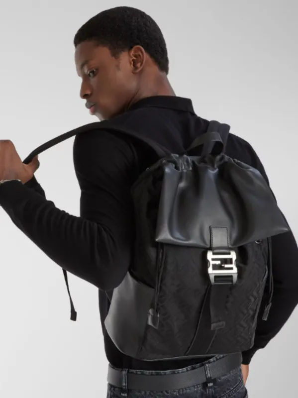 Black Flux Backpack in FF Nylon and Calf Leather sold by Fashion Clinic