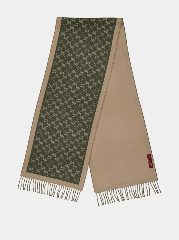 Olive Green and Beige GG Wool Scarf sold by Fashion Clinic