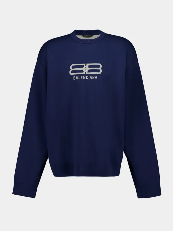 Navy Wool Logo Crewneck Sweater made by Balenciaga