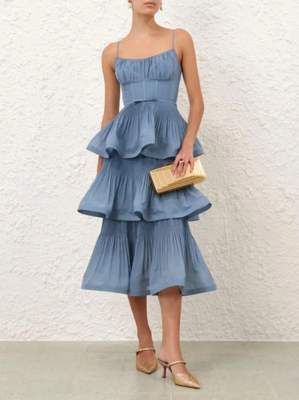 Deep Blue Pleated Tiered Midi Dress sold by Fashion Clinic
