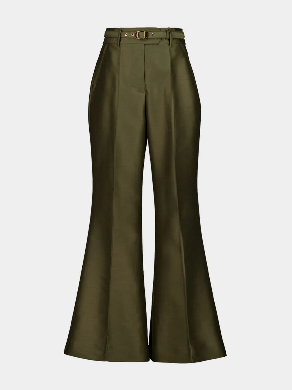 Dark Olive Rebellion Structured Flare Trousers sold by Fashion Clinic