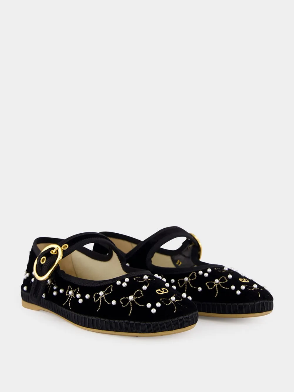 Black Velvet Ballerinas with Beaded Bows sold by Fashion Clinic product image thumbnail 3
