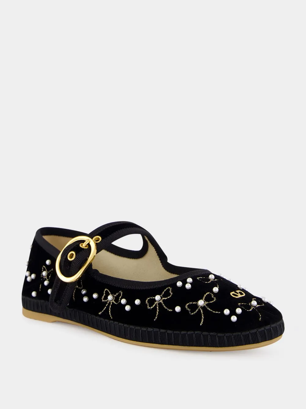 Black Velvet Ballerinas with Beaded Bows sold by Fashion Clinic product image thumbnail 2
