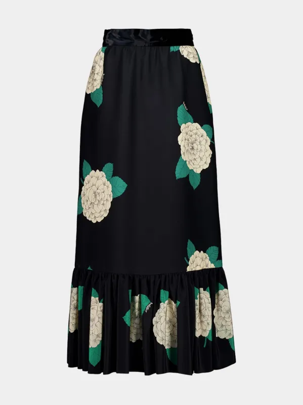 Black Midi Skirt with Hortensia Print sold by Fashion Clinic