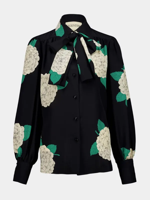 Black Ortensia Print Silk Shirt with Neck Tie made by Valentino Garavani