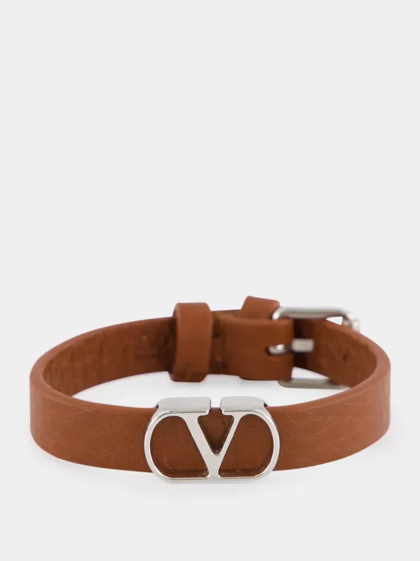 Deep Caramel Leather VLogo Bracelet sold by Fashion Clinic