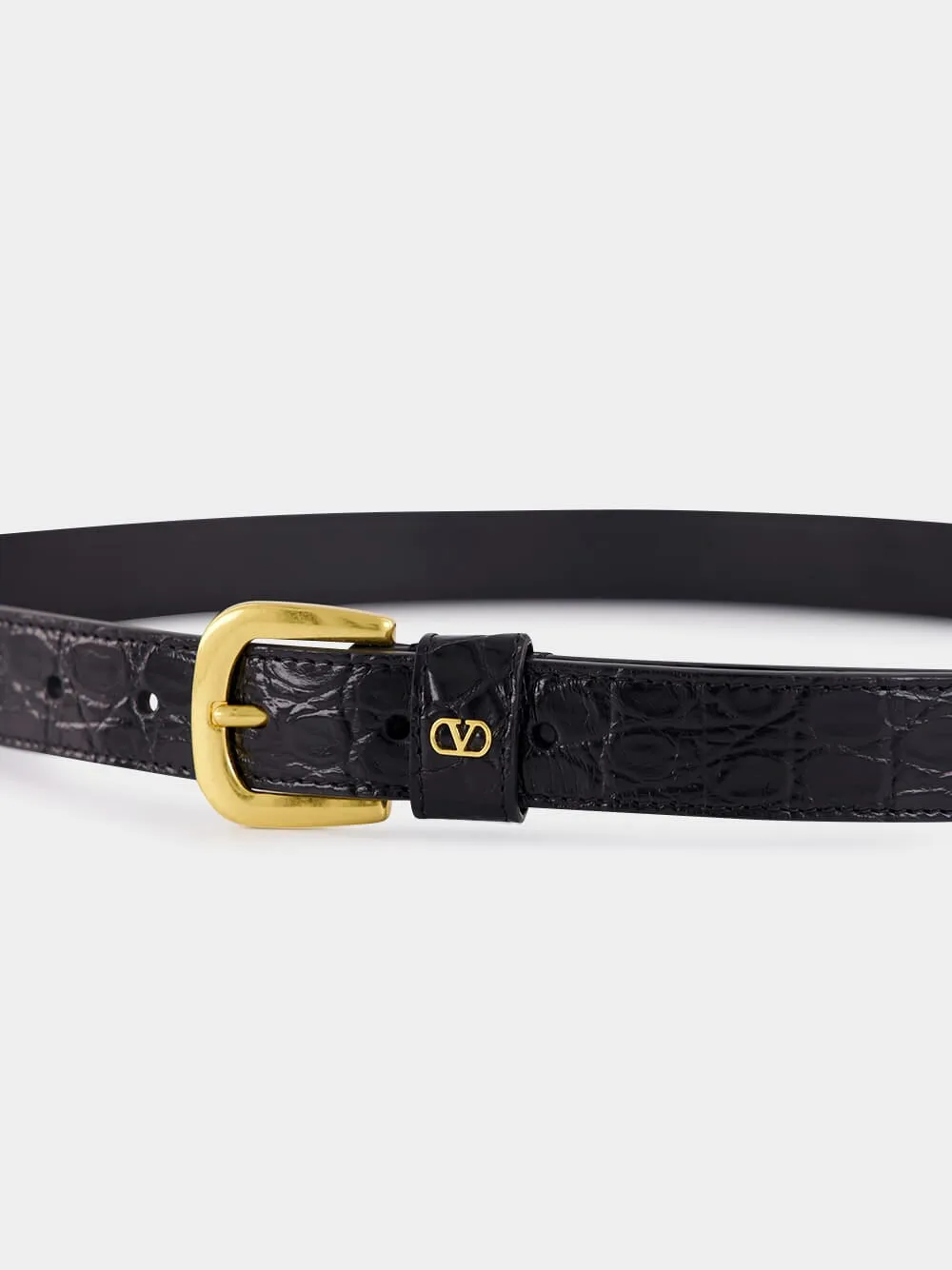 Black Alligator Leather VLogo Belt sold by Fashion Clinic product image thumbnail 3