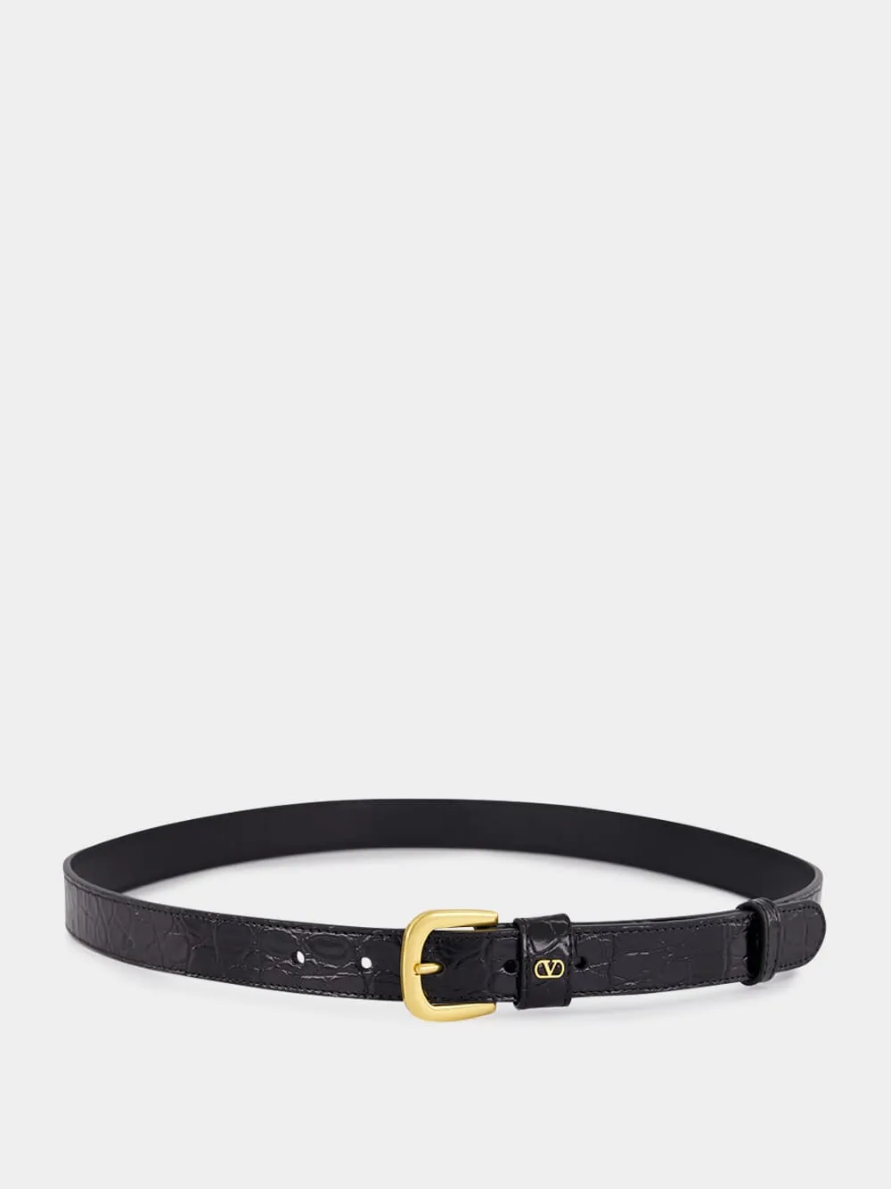 Black Alligator Leather VLogo Belt sold by Fashion Clinic