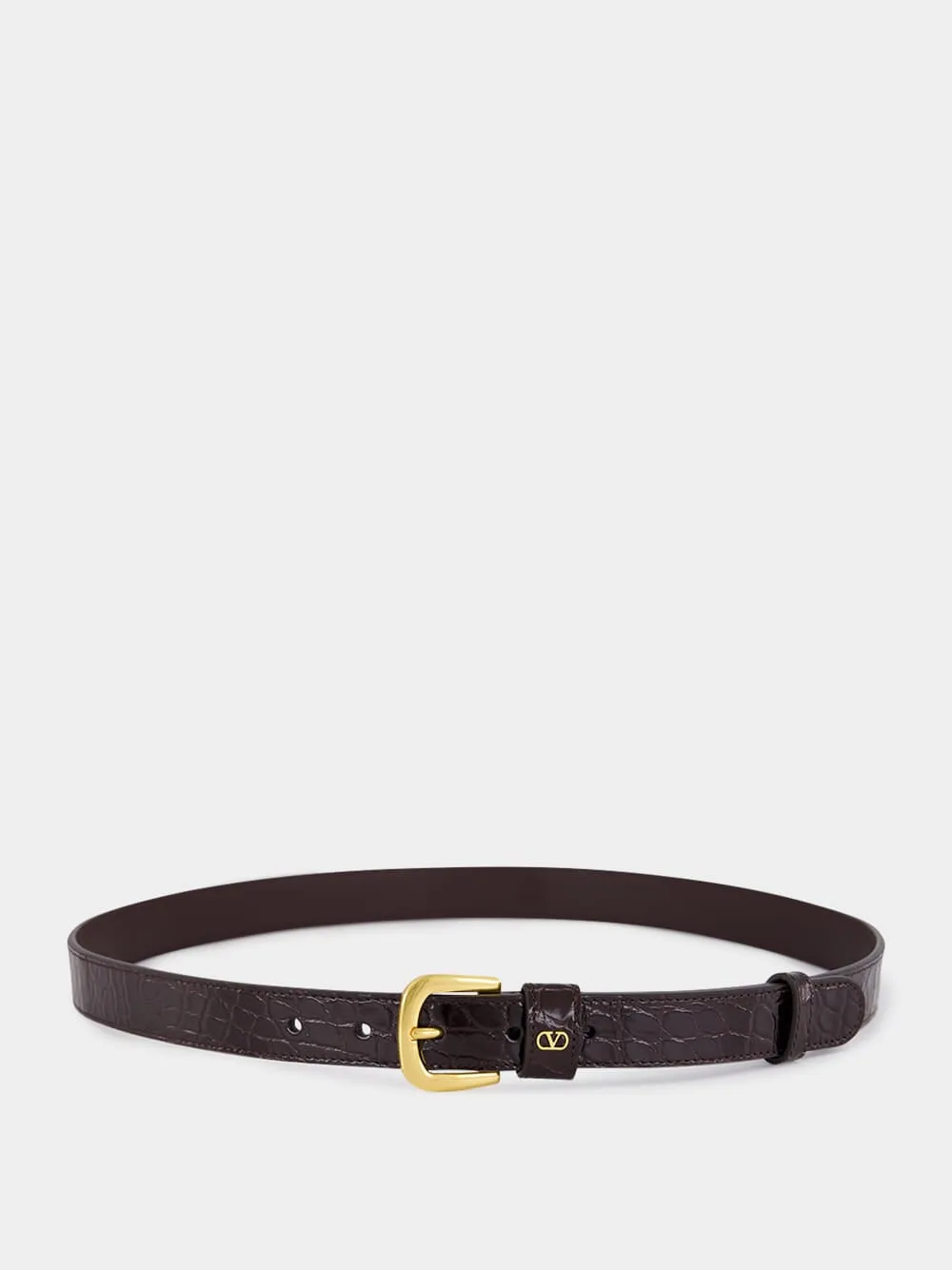 Oak Brown Alligator VLogo Belt sold by Fashion Clinic