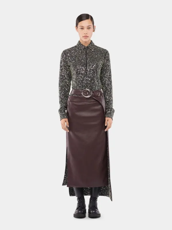 Plum Vegan Leather Double Layer Midi Skirt sold by Fashion Clinic