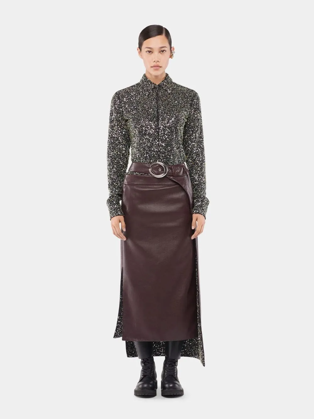 Plum Vegan Leather Double Layer Midi Skirt sold by Fashion Clinic