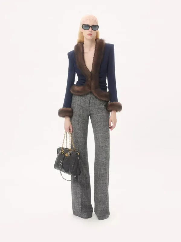 Indigo Blue Wool Crepe Jacket with Shearling Trim sold by Fashion Clinic