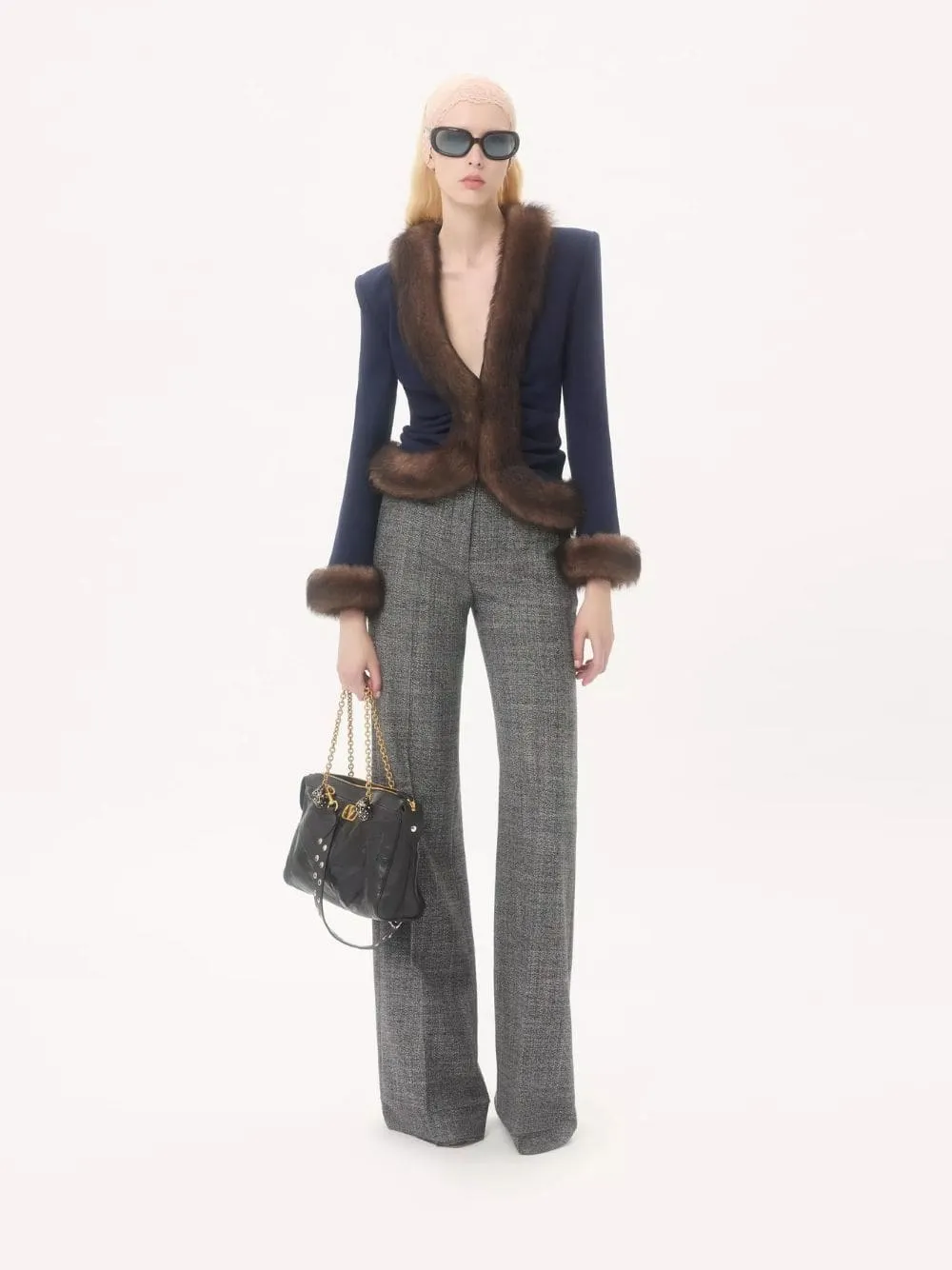 Indigo Blue Wool Crepe Jacket with Shearling Trim sold by Fashion Clinic