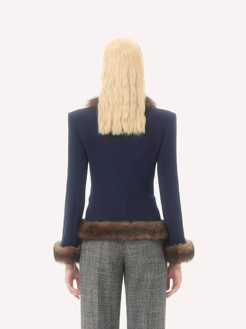 Indigo Blue Wool Crepe Jacket with Shearling Trim sold by Fashion Clinic product image thumbnail 3