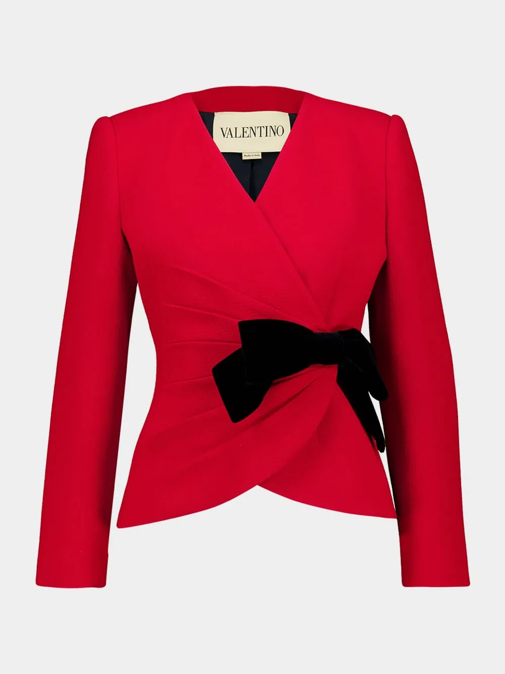 Paris Red Wool Crepe Jacket with Contrasting Black Bow sold by Fashion Clinic