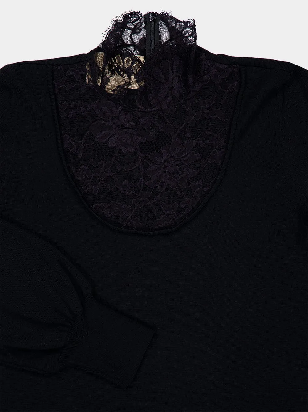 Black Crew-Neck Jumper with Lace Details in Virgin Wool sold by Fashion Clinic product image thumbnail 3