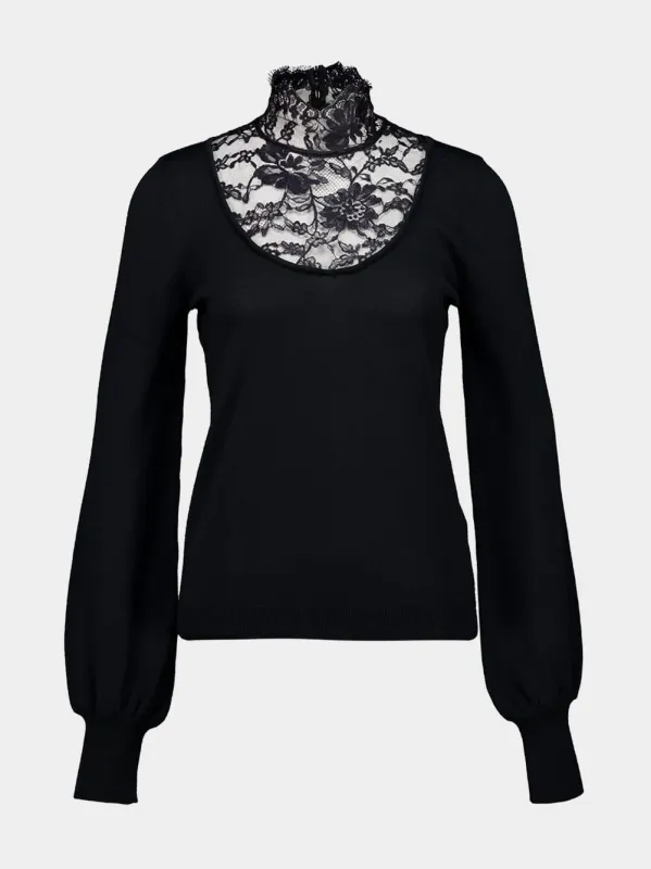 Black Crew-Neck Jumper with Lace Details in Virgin Wool sold by Fashion Clinic