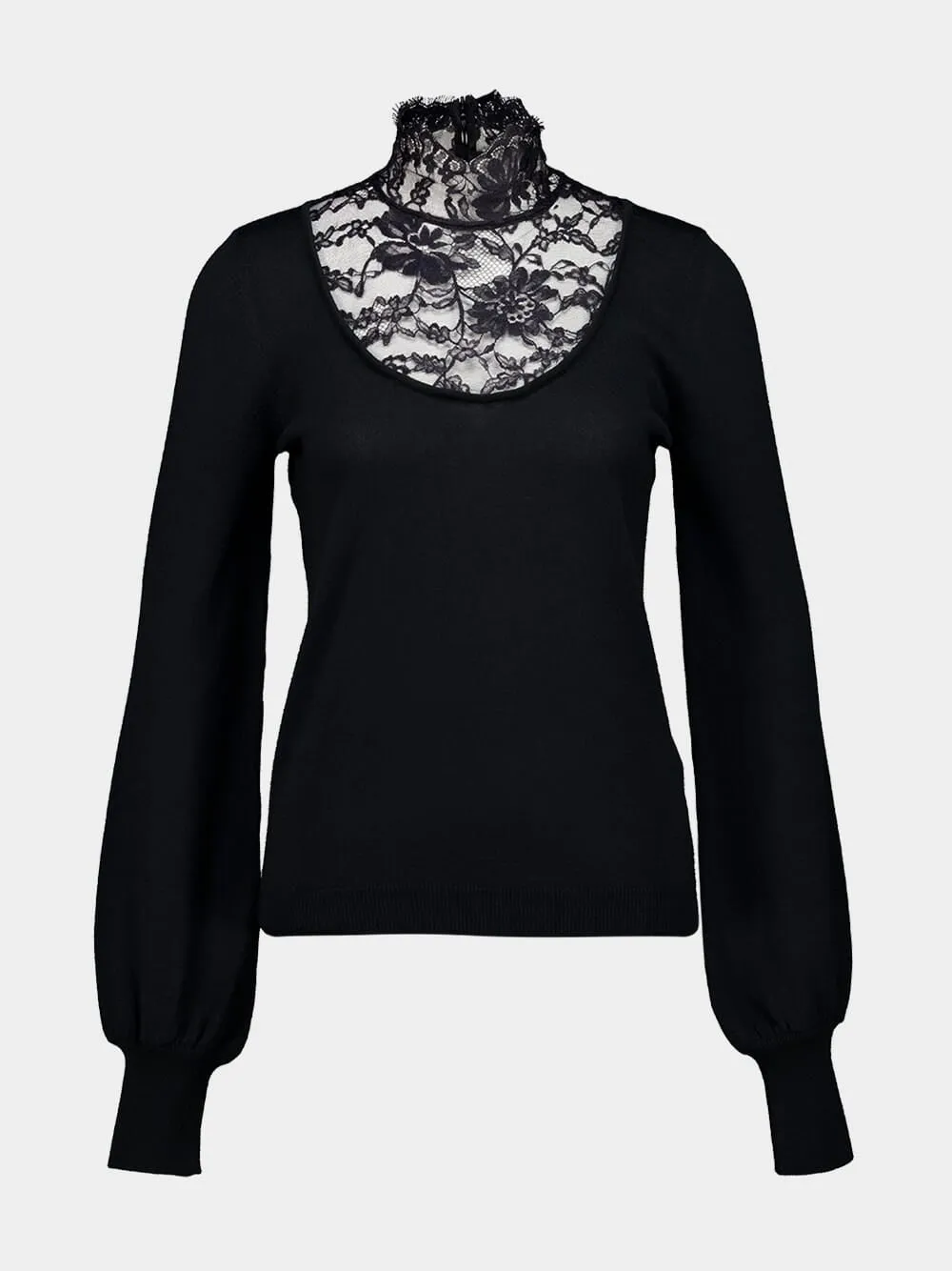 Black Crew-Neck Jumper with Lace Details in Virgin Wool sold by Fashion Clinic