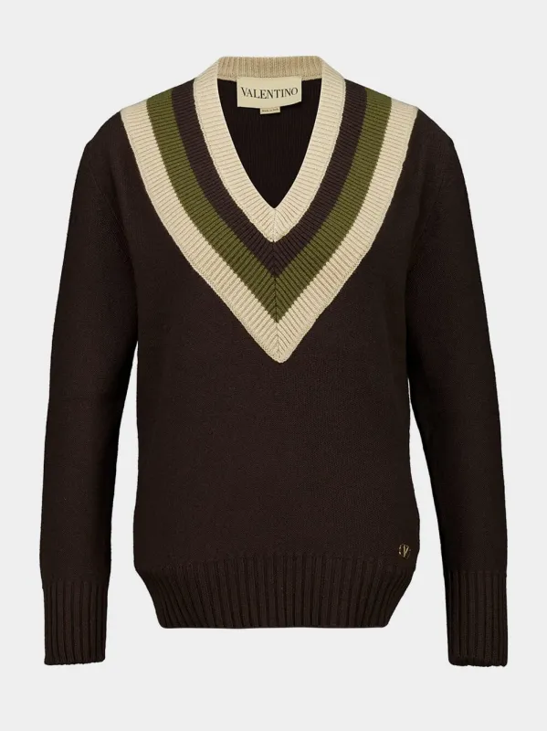 Dark Fudge and Beige Wool V-Neck Jumper sold by Fashion Clinic