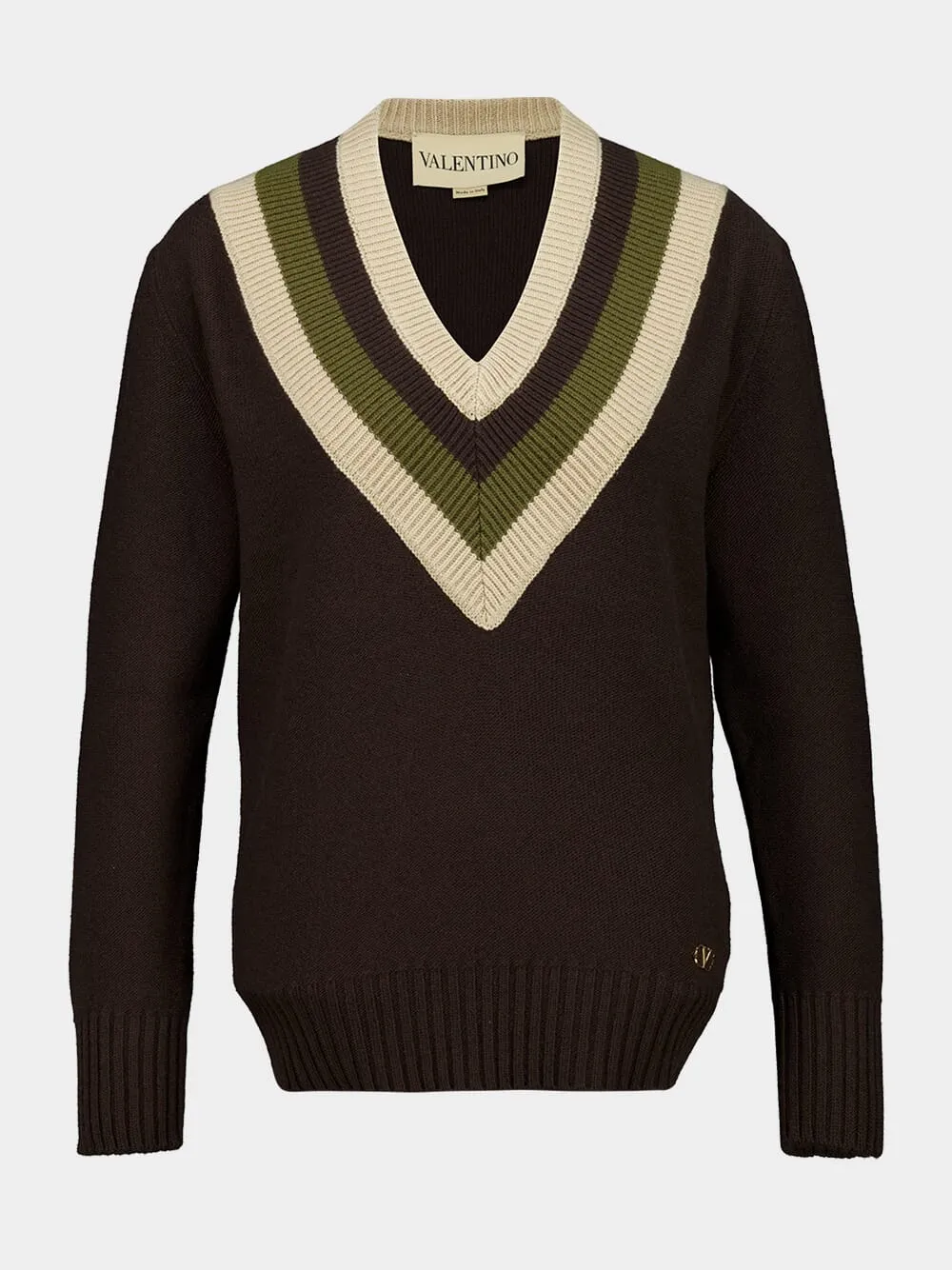 Dark Fudge and Beige Wool V-Neck Jumper sold by Fashion Clinic