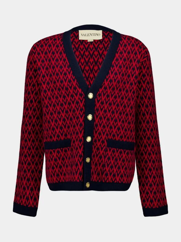 Navy and Red Wool V-Pattern Cardigan sold by Fashion Clinic