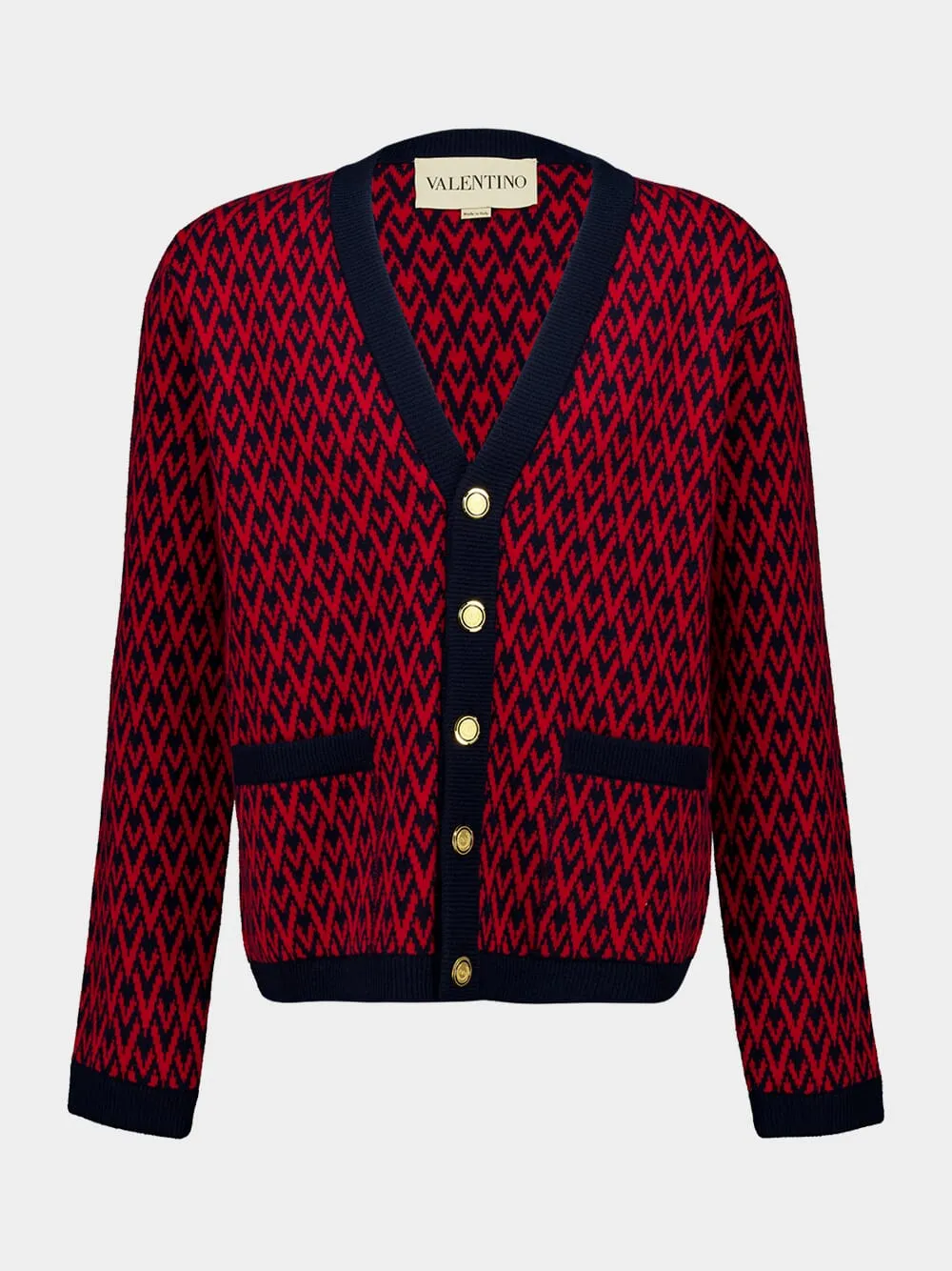 Navy and Red Wool V-Pattern Cardigan sold by Fashion Clinic