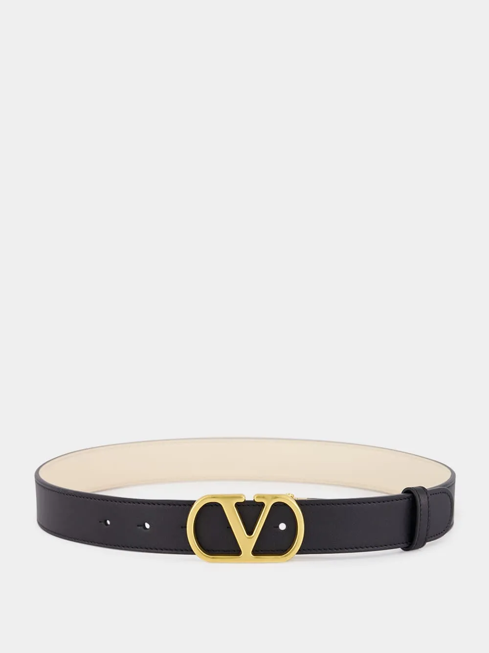 Black and Ivory Reversible Leather VLogo Belt sold by Fashion Clinic