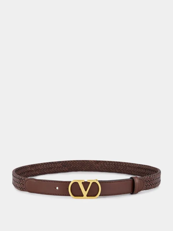 Brown Braided Leather VLogo Belt sold by Fashion Clinic