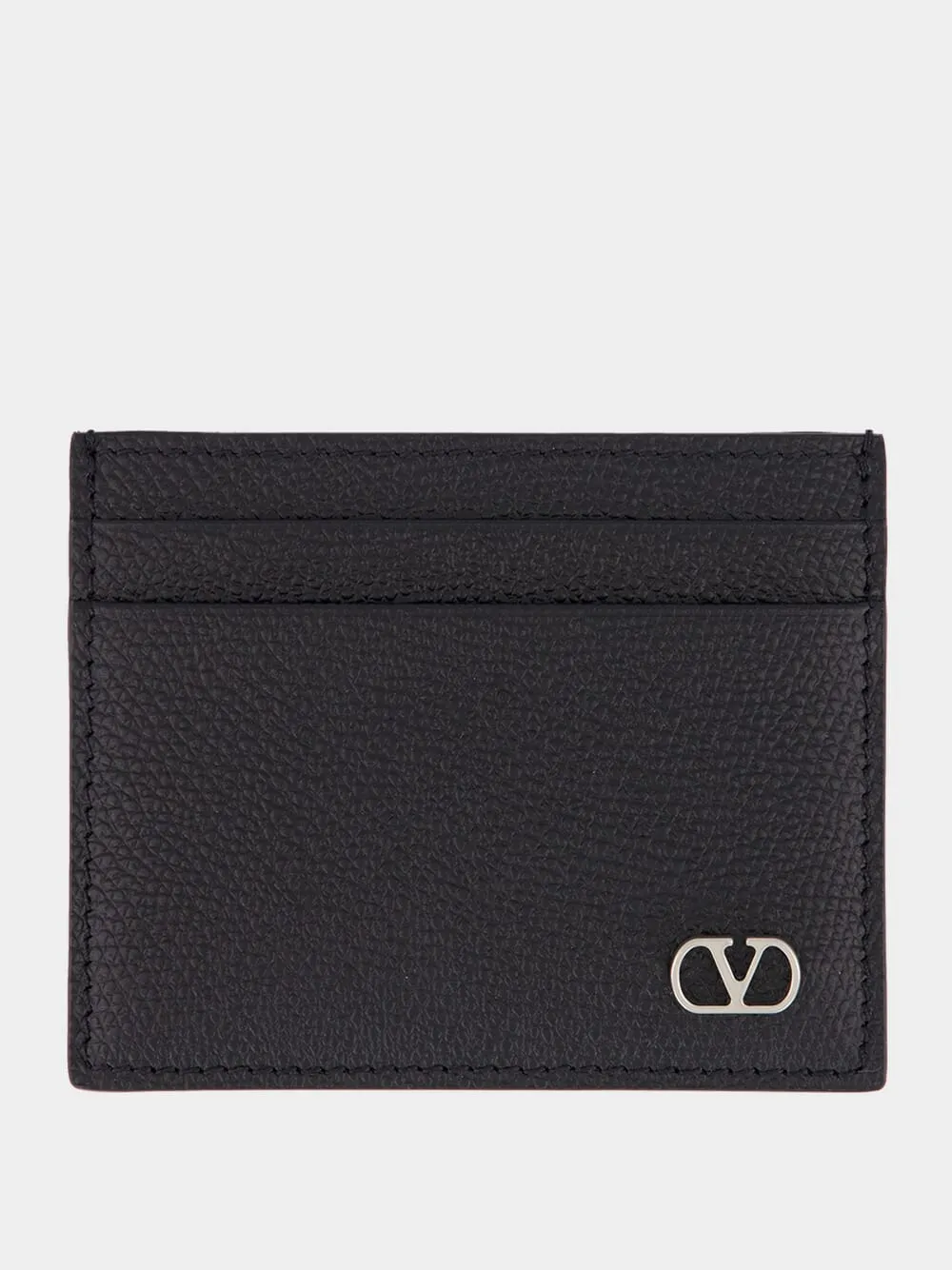Black Grain Leather VLogo Card Holder sold by Fashion Clinic