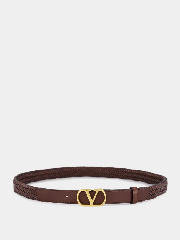 Brown Braided Leather VLogo Belt sold by Fashion Clinic