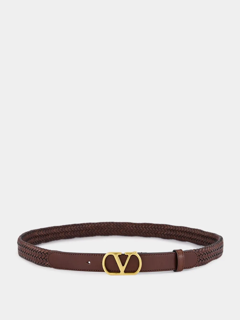 Brown Braided Leather VLogo Belt sold by Fashion Clinic