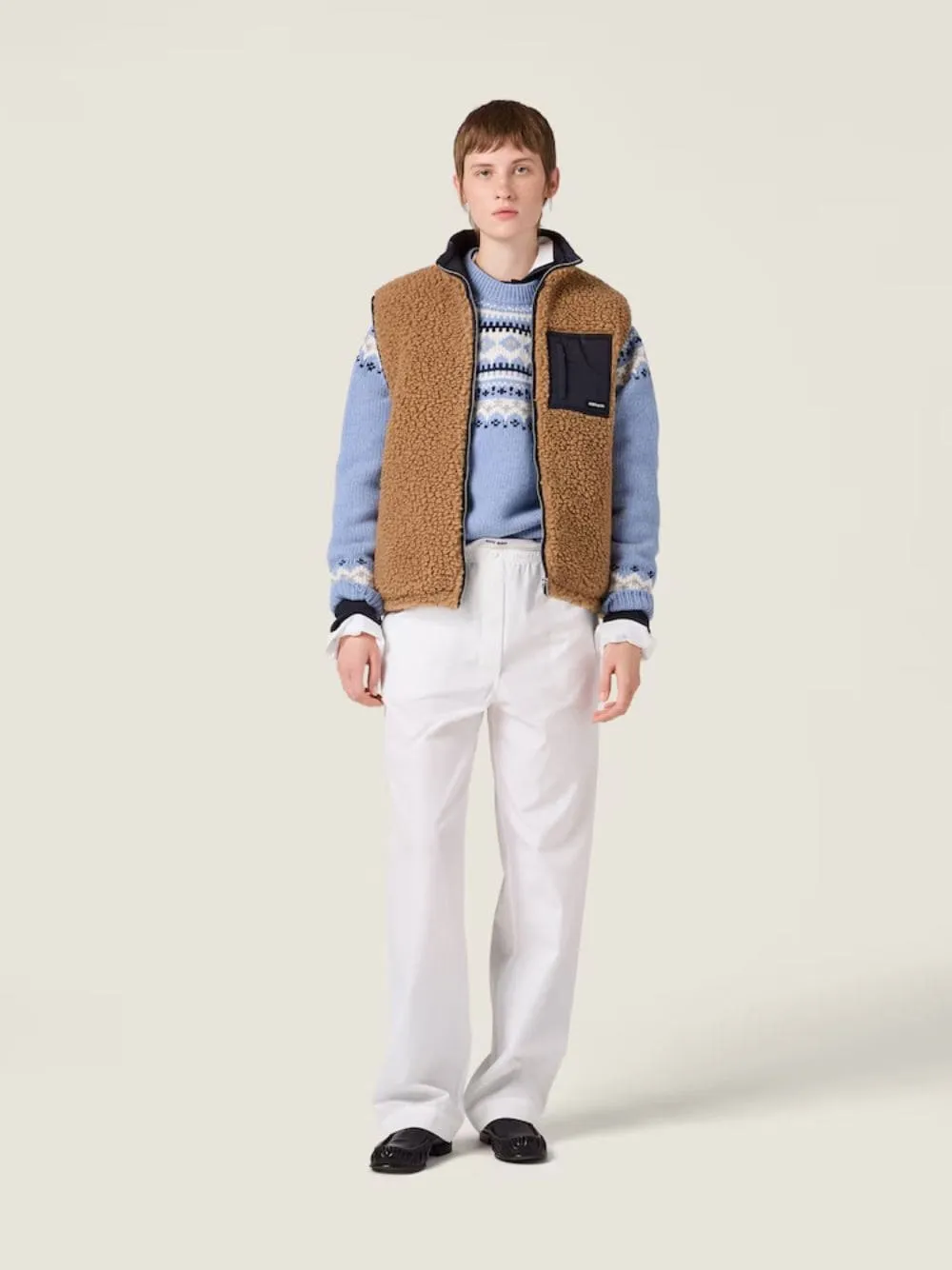 Camel and Royal Blue Teddy Down Vest sold by Fashion Clinic